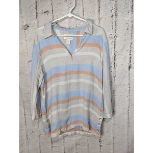 Cynthia Rowley Womens Linen Top Tunic Blue Stripe Side Buttons Beach Top Cover u